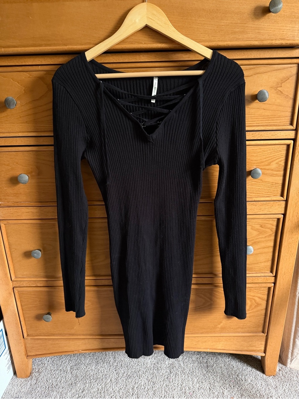 Lace Up Long Sleeve Ribbed Knit Bodycon Dress Womens Size XL Whimsigoth Witchy